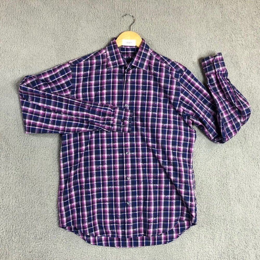 Bugatchi‎ Classic Fit Purple Blue Plaid Long Sleeve Cotton Dress Shirt 15.5 / 36 - Picture 2 of 12